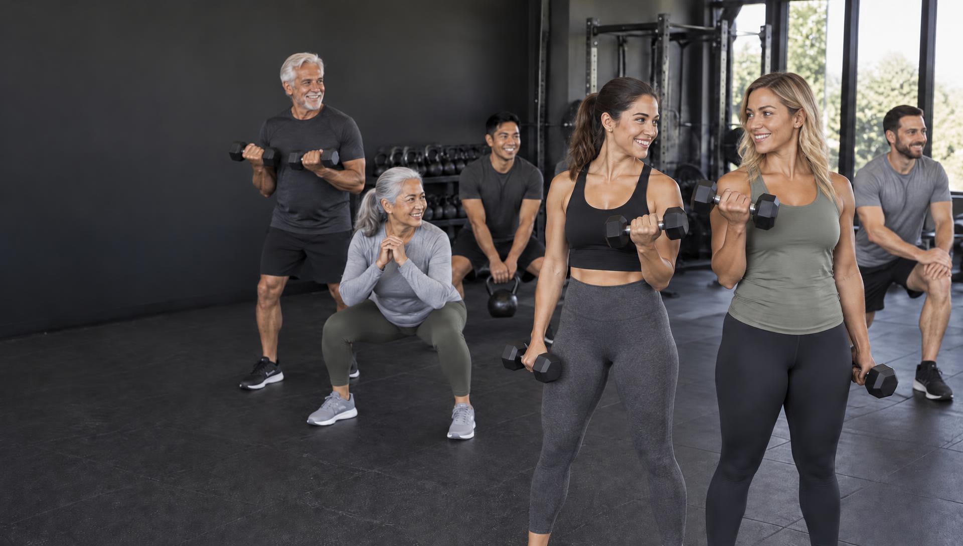 Young adult men and women and older adults enjoying a workout together